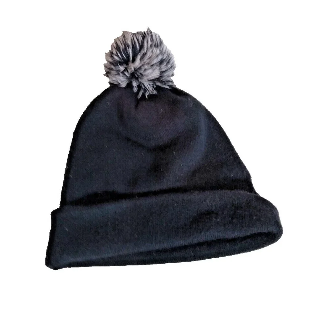 Nike Youth Knit Pom Beanie – Black & White Hat w/ Bold Logo – Sports Cap